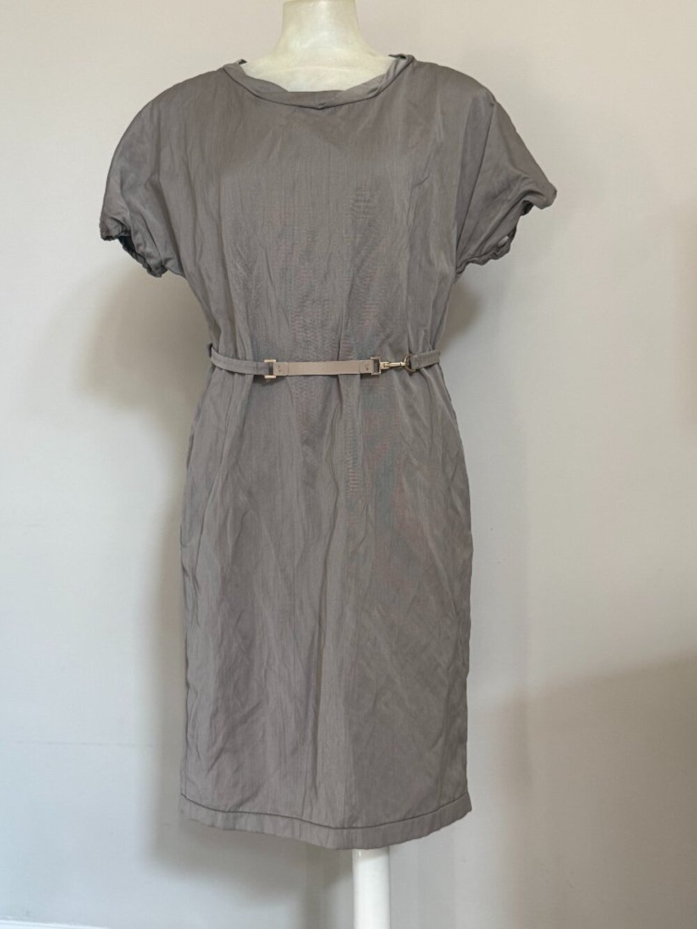 S Max Mara Mushroom Taupe Belted Sheath Dress US 6 Pockets Metallic